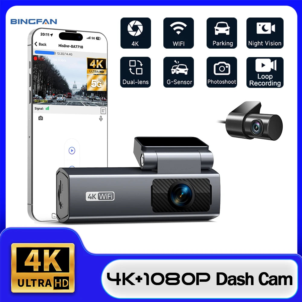 Dash Cam 4K para Auto con Grabación 24H y Monitor de Estacionamiento