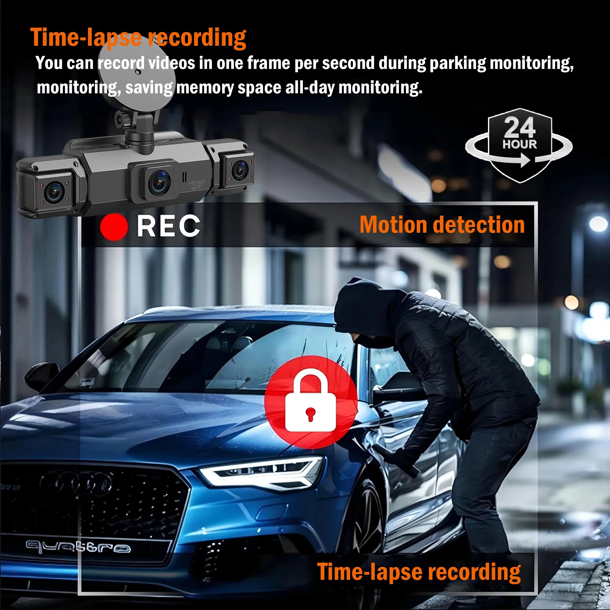 Dash Cam 4 Cámaras FHD 1080p con WiFi y Monitor de Estacionamiento