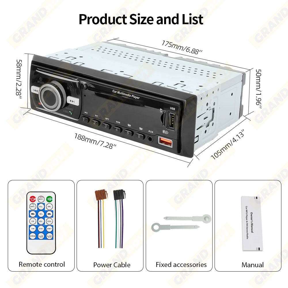Radio 1 DIN para Auto con Bluetooth, FM, USB Tipo C y Control Remoto