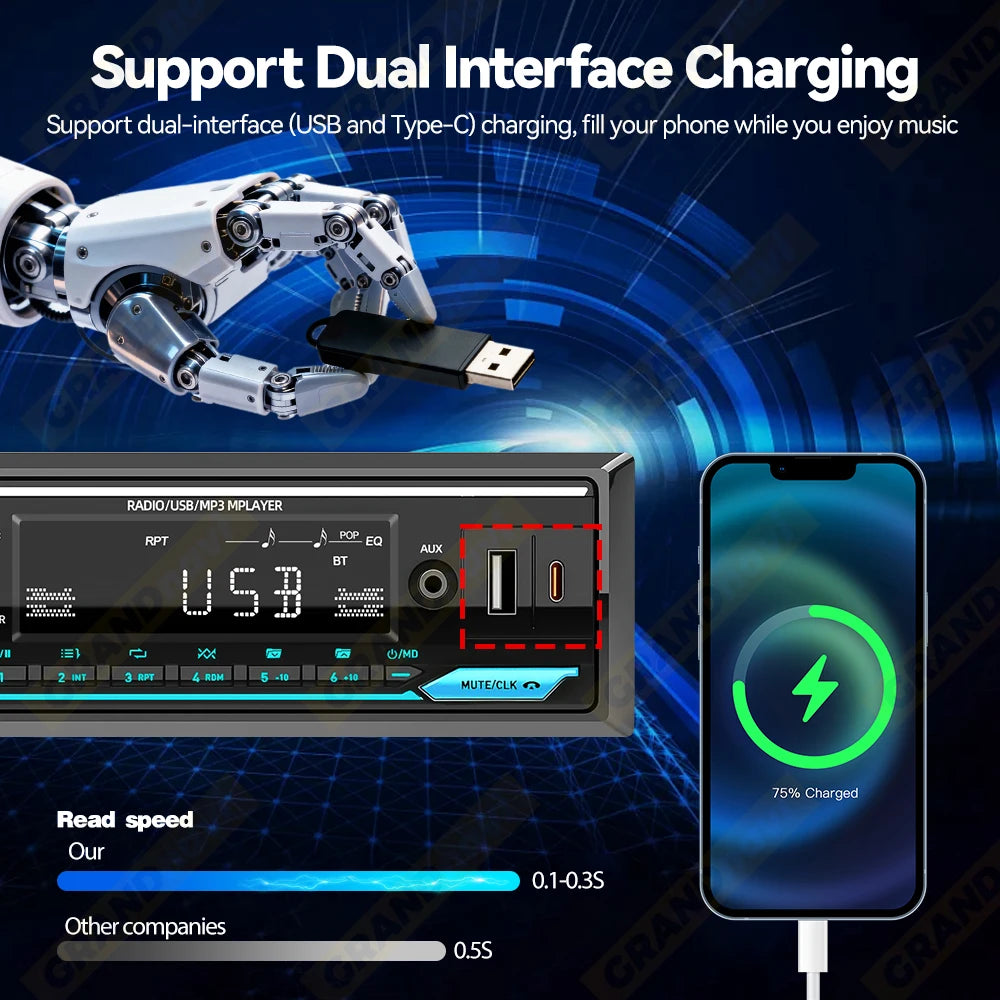 Radio 1 DIN para Auto con Bluetooth, FM, USB Tipo C y Control Remoto