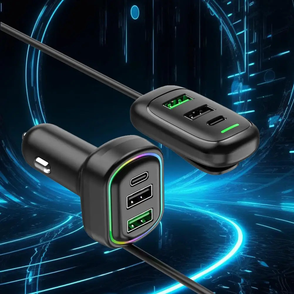 Cargador USB Tipo C para Auto 6 Puertos con Luz RGB y Carga Rápida PD