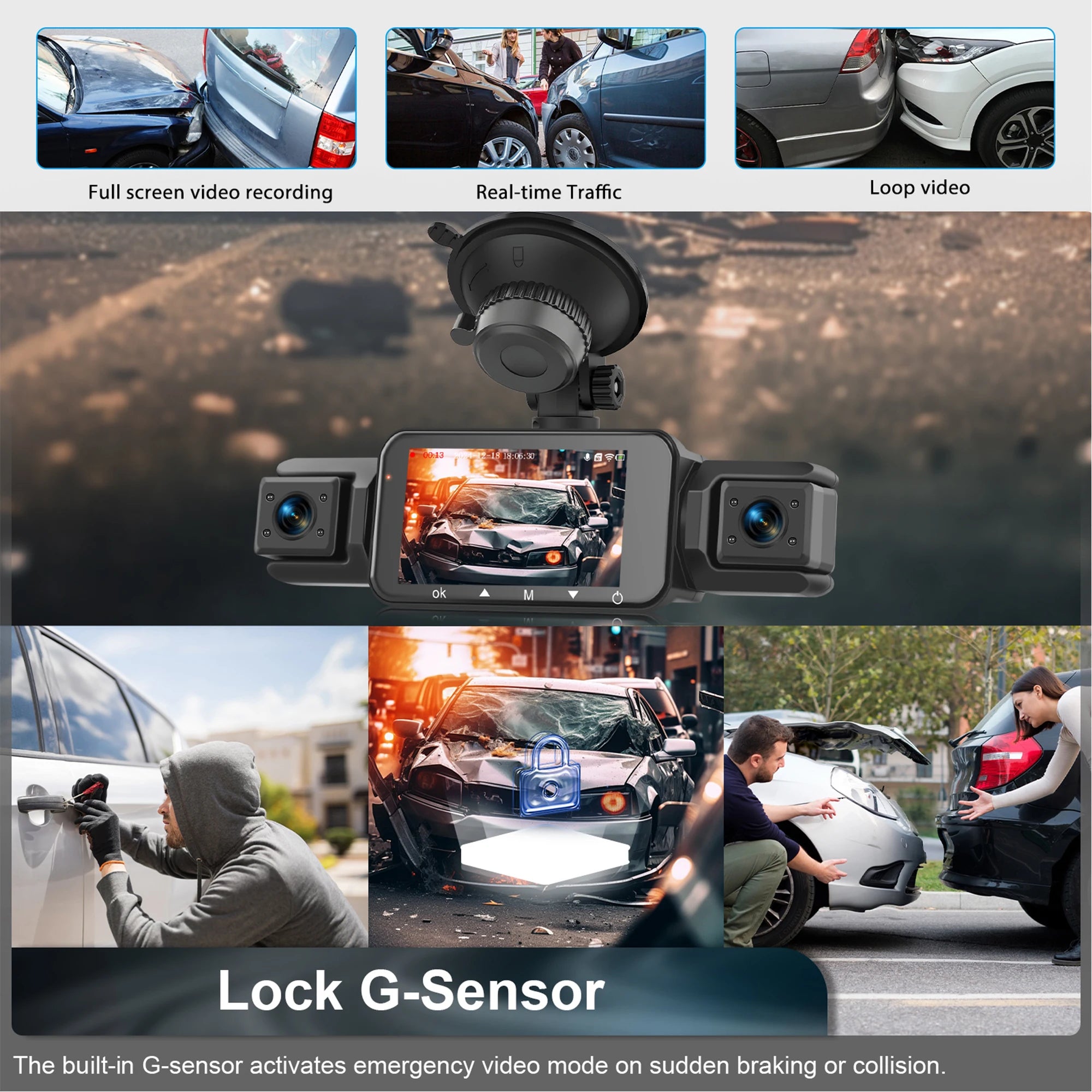Dash Cam 4 Cámaras FHD 1080p con WiFi y Monitor de Estacionamiento