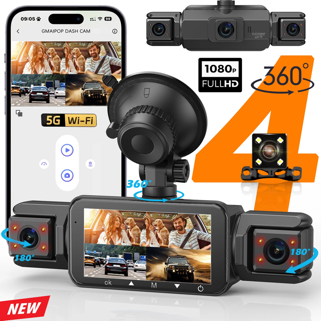 Dash Cam 4 Cámaras FHD 1080p con WiFi y Monitor de Estacionamiento