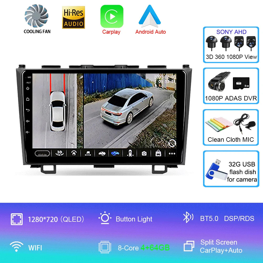Android 16 Car Radio For Honda CR-V 3 RE CRV 2007 - 2011 Navigation GPS Multimedia Player Stereo WiFi+4G BT Carplay+Auto 2 DIN