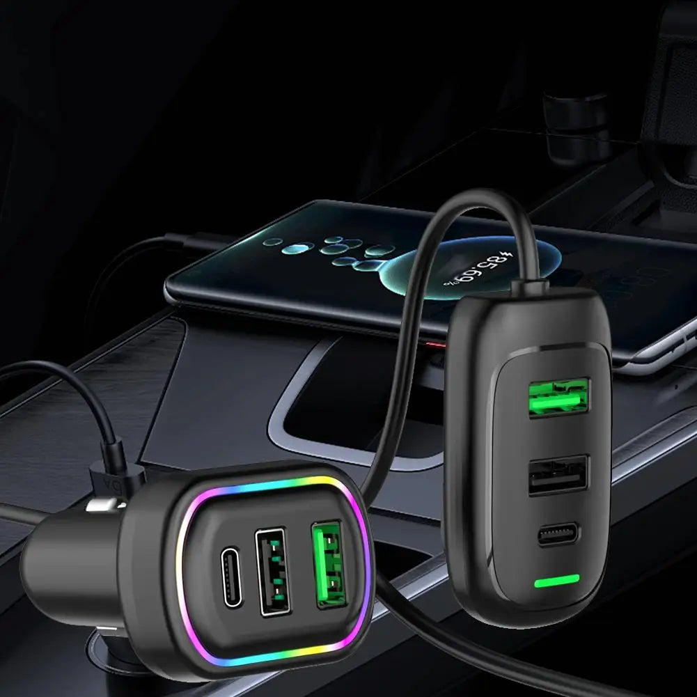 Cargador USB Tipo C para Auto 6 Puertos con Luz RGB y Carga Rápida PD