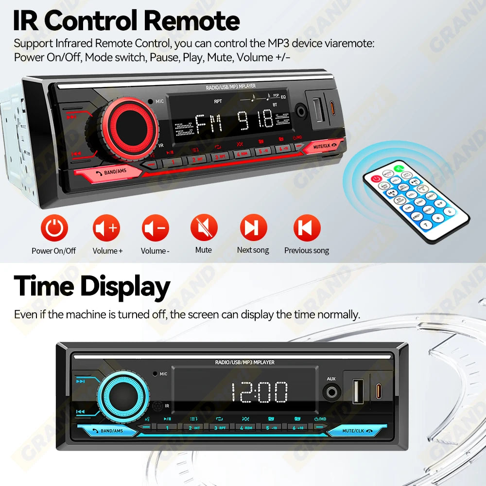 Radio 1 DIN para Auto con Bluetooth, FM, USB Tipo C y Control Remoto