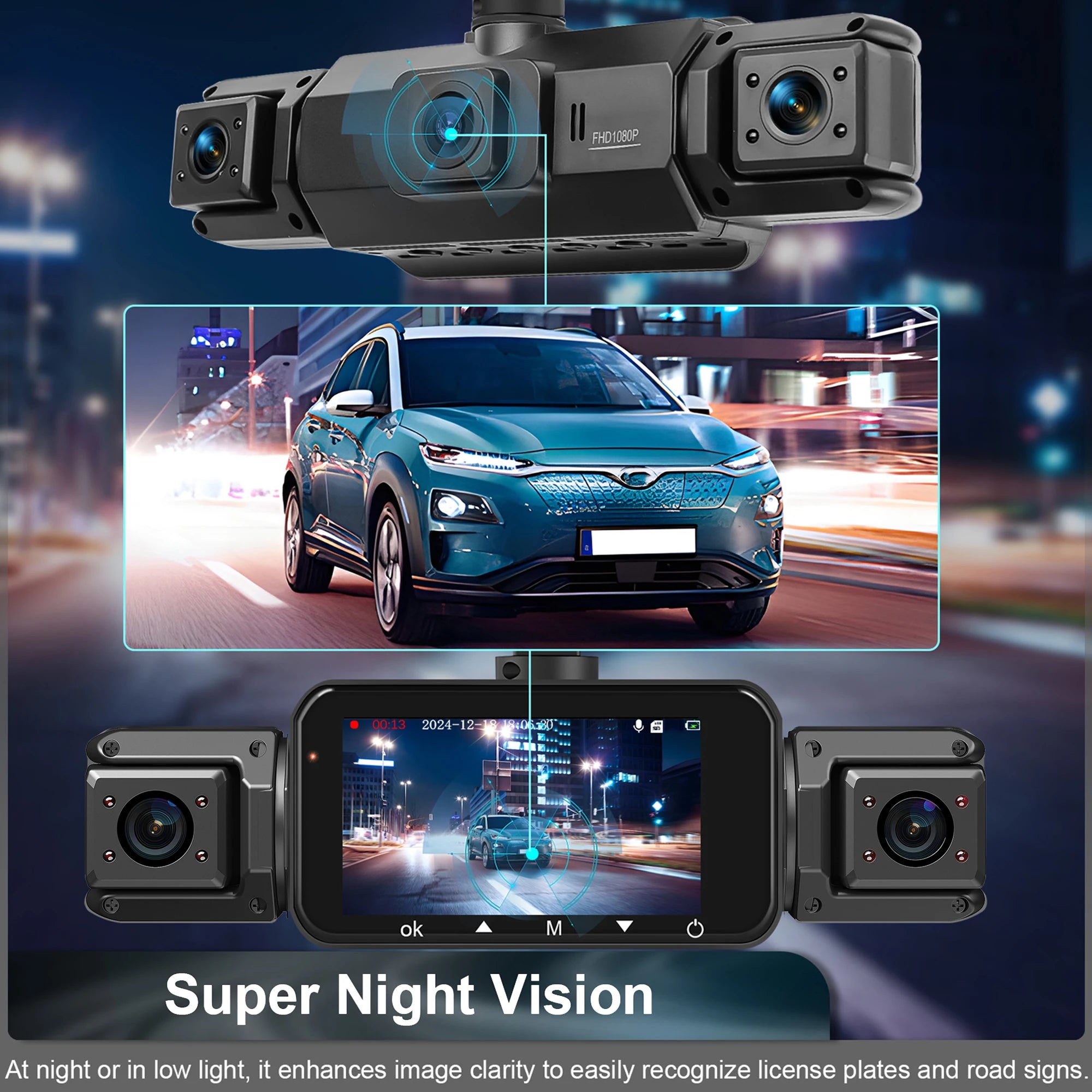 Dash Cam 4 Cámaras FHD 1080p con WiFi y Monitor de Estacionamiento