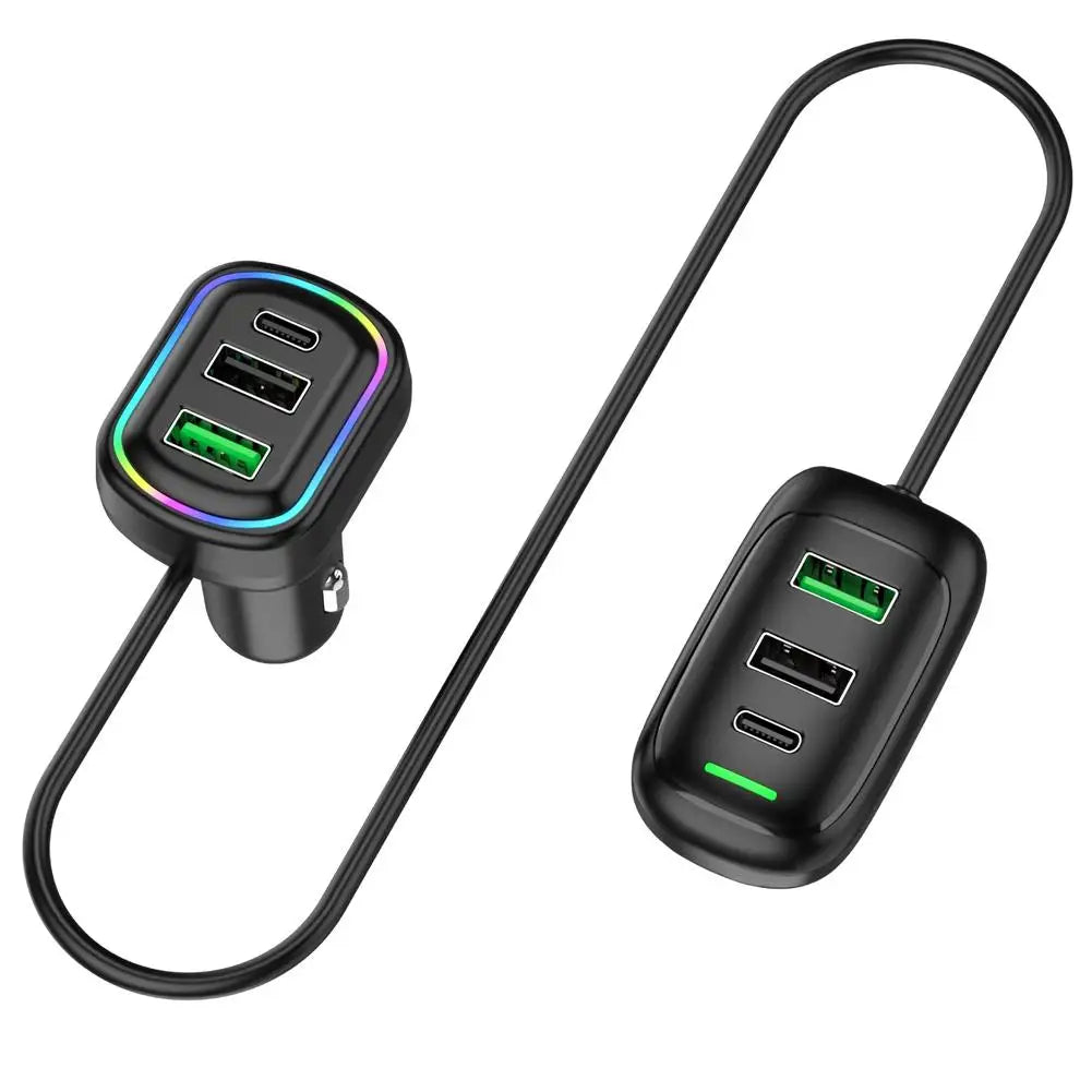 Cargador USB Tipo C para Auto 6 Puertos con Luz RGB y Carga Rápida PD