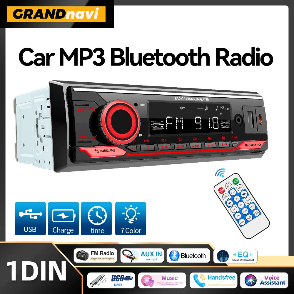 Radio 1 DIN para Auto con Bluetooth, FM, USB Tipo C y Control Remoto