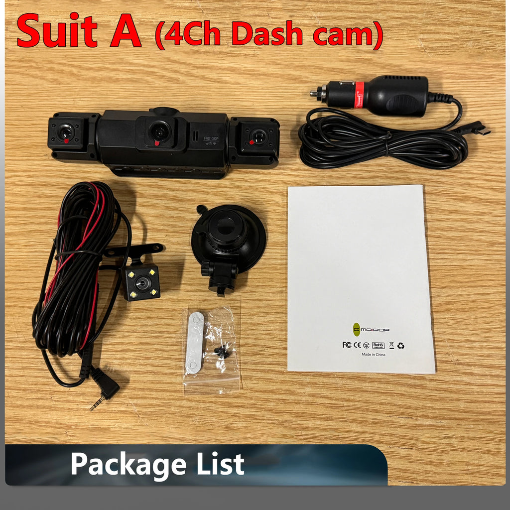 Dash Cam 4 Cámaras FHD 1080p con WiFi y Monitor de Estacionamiento