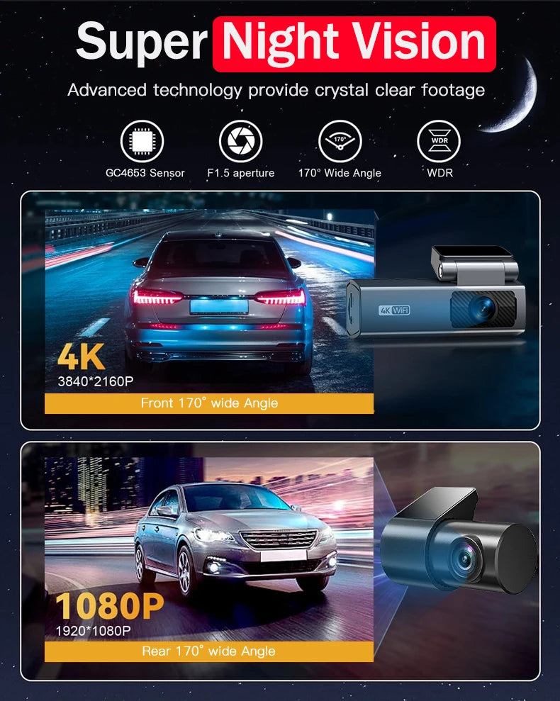 Dash Cam 4K para Auto con Grabación 24H y Monitor de Estacionamiento