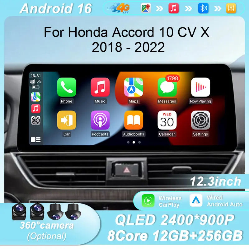 Radio Android 12.3" para Honda Accord 2018-2022 con CarPlay y GPS