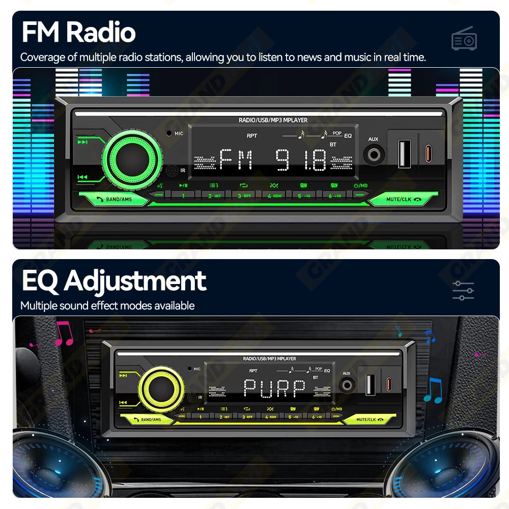Radio 1 DIN para Auto con Bluetooth, FM, USB Tipo C y Control Remoto